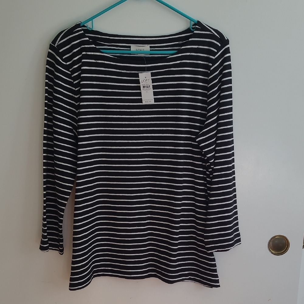 Loft Black and White Striped Long Sleeve Top